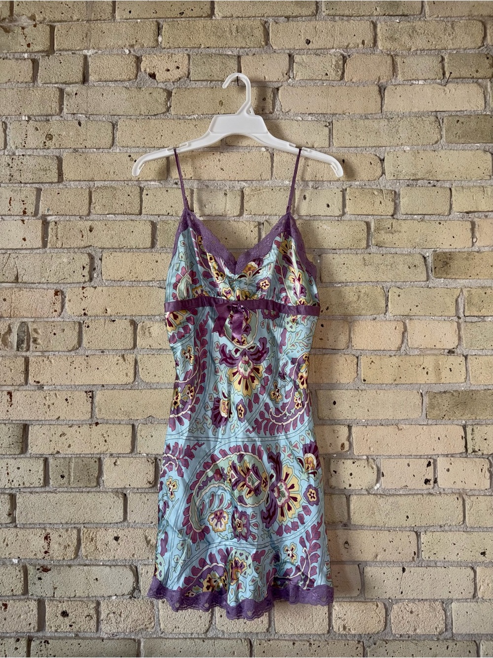 Y2K Boho Paisley Lace Trim Mini Slip Dress Aqua Blue/ Purple